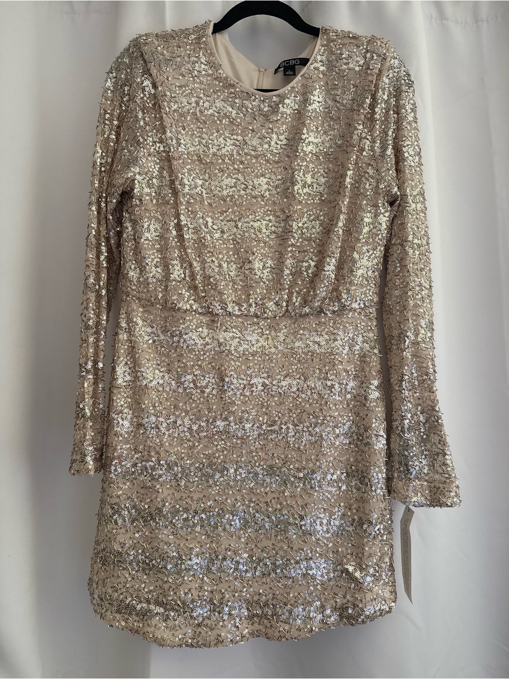 BCBG Champagne Sequin Long Sleeve Party Dress